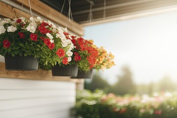 Fototapeta premium sunny outdoor setup with colorful hanging flower baskets placed against rustic wooden trellis
