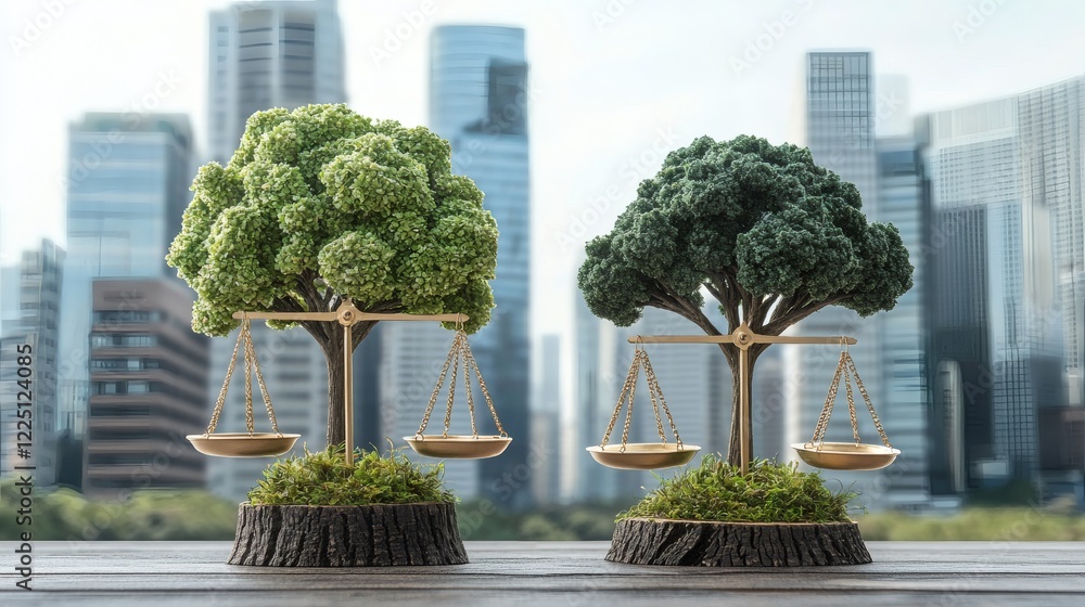 Poster Conceptual art showing balance scales with economy on one side and environment on the other Stock Photo with side copy space
