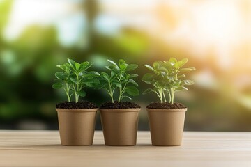 Obraz premium detailed view of young seedlings in biodegradable pots neatly arranged on garden table