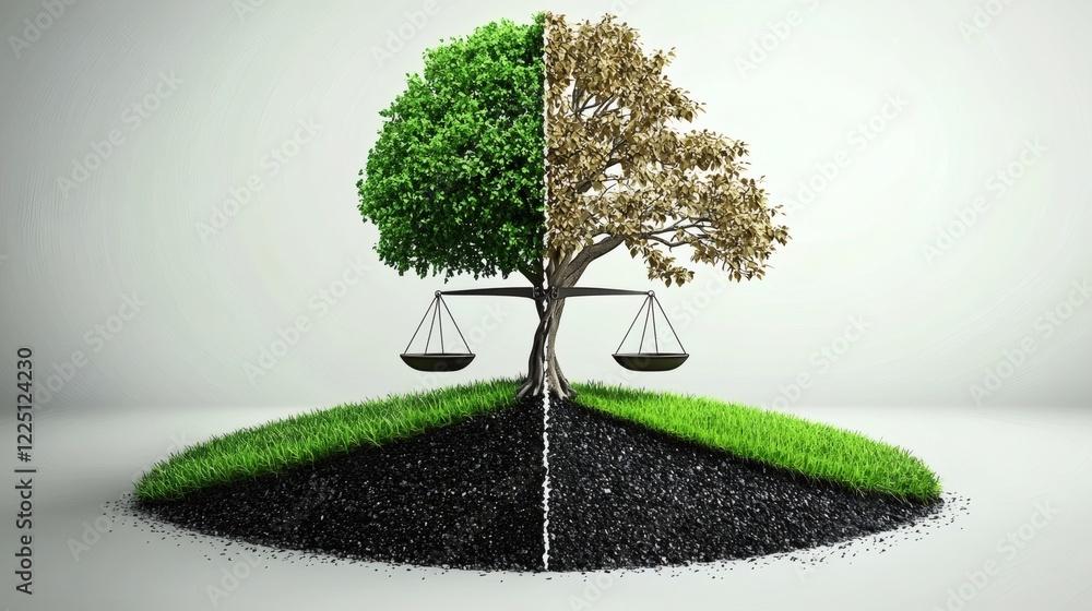 Poster conceptual art showing balance scales with economy on one side and environment on the other stock ph