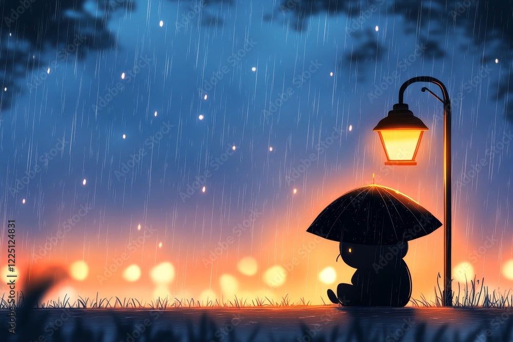 Poster A pixel art scene of a small, lone character sitting under a streetlamp in the rain, their tiny figure emphasizing solitude as animated raindrops fall around them