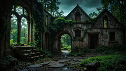 Obraz premium Abandoned gothic ruins covered in moss with eerie lighting