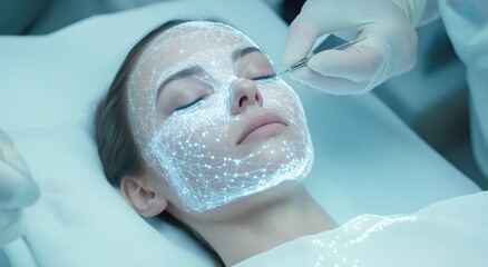 Futuristic beauty treatment a woman undergoing a high-tech facial procedure with digital network overlay enhancing skin care innovations in a spa setting