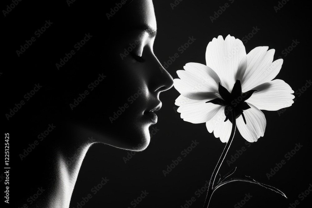 Aufkleber a silhouette of a figure standing under a single drooping flower, with muted tones and clean lines e
