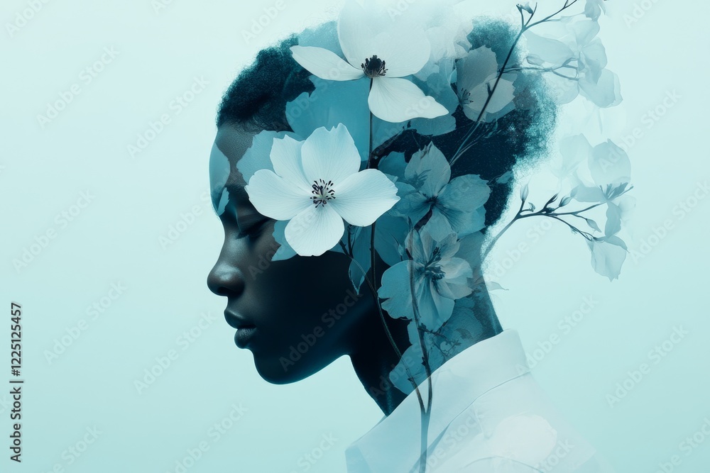 Aufkleber a silhouette of a figure standing under a single drooping flower, with muted tones and clean lines e