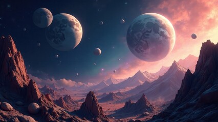Alien landscape with multiple moons and rocky mountains under a vibrant sunset sky