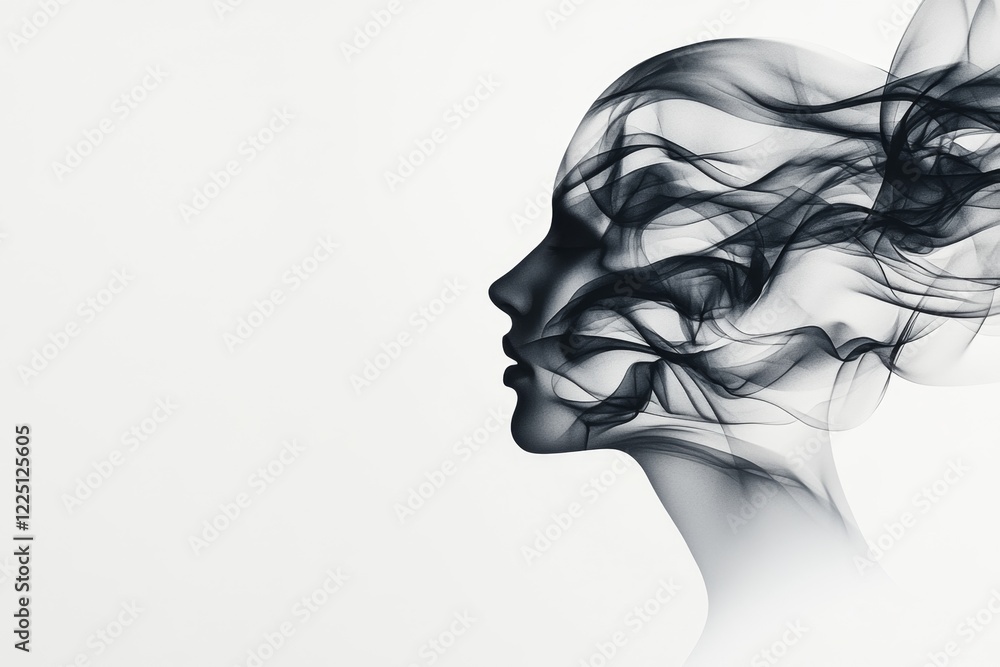 Poster a simple drawing of a human silhouette with jagged lines and spirals emanating from their head, repr