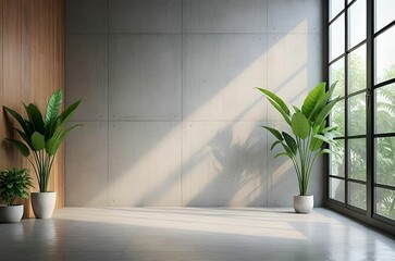 A 3D-rendered stock photo features an empty room with a concrete wall and wooden paneling serving as interior background	
