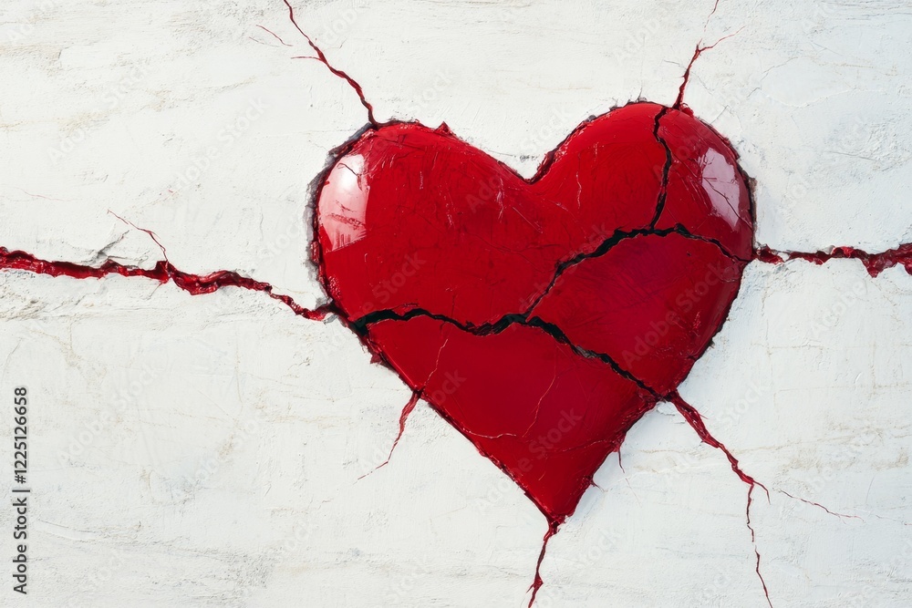 Poster A stylized heart with a jagged crack running through it, surrounded by faint, fragmented lines suggesting a broken state, in muted red and gray tones