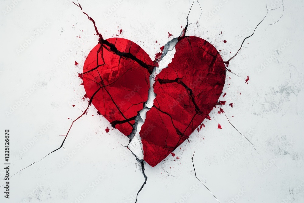Poster a stylized heart with a jagged crack running through it, surrounded by faint, fragmented lines sugge