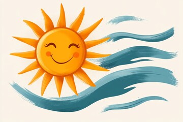 Fototapeta premium A stylized design of a radiant sun with curved rays, symbolizing warmth and happiness, drawn in soft pastel tones with a joyful expression