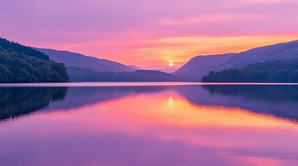 Fototapeta premium Serene sunset over a tranquil lake surrounded by mountains, reflecting vibrant colors in the water