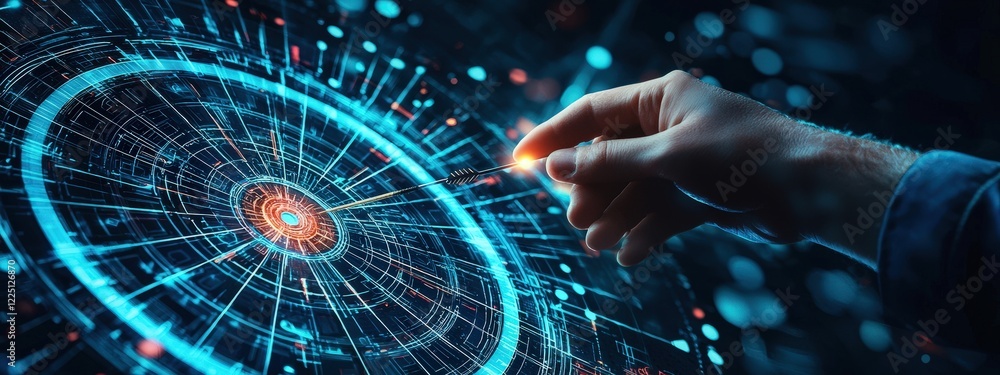 Poster hands aiming a glowing dart toward a bullseye in a futuristic setting