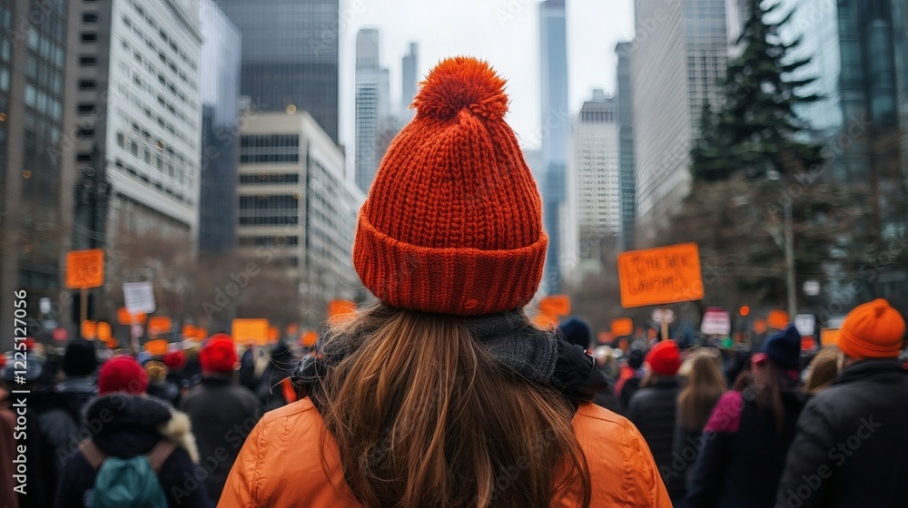 Poster image of a climate activist addressing a large crowd on the urgency of policy shifts stock photo wit