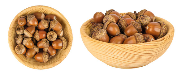 Brown acorn oak nut in wooden bowl isolated on white background. Top view. Flat lay