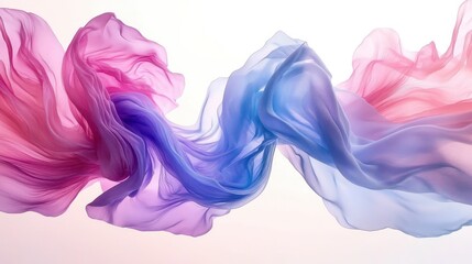 Obraz premium Abstract image of flowing pastel fabric in shades of pink, purple, and blue against a white background. The fabric is translucent, creating a soft