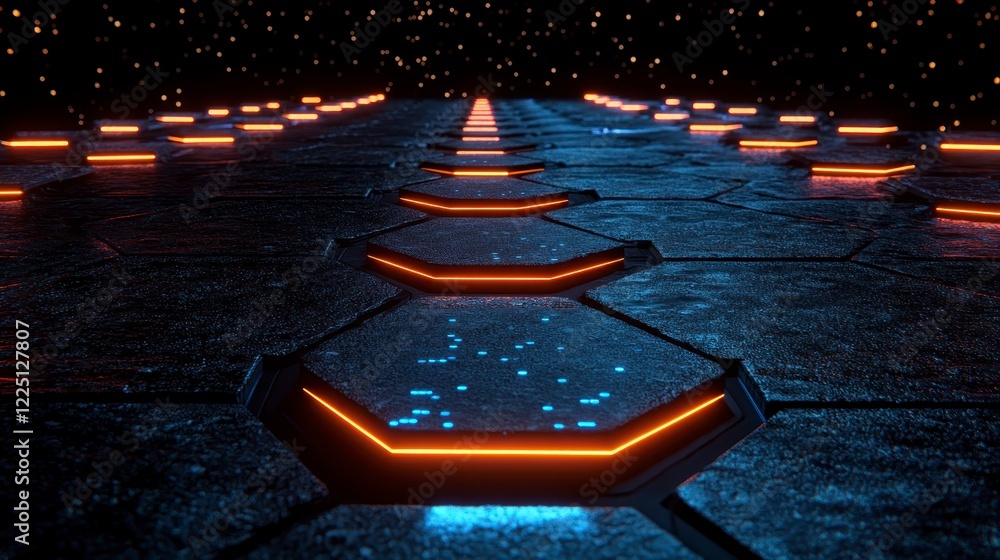 Poster dark blue and orange hexagonal grid pathway stretches into a starry night. glowing lines create a fu