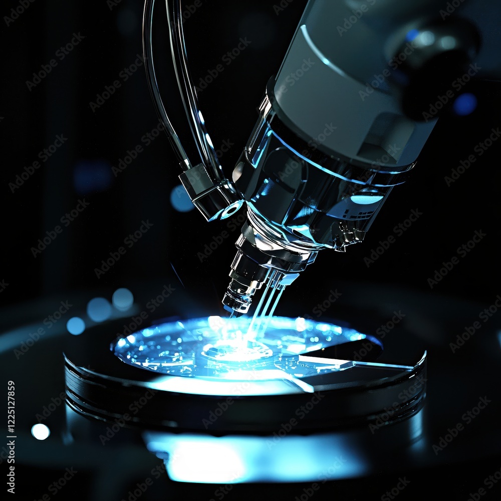 Poster robotic arm with blue light working on a circular platform in a dark environment