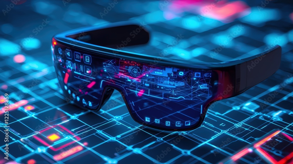 Poster futuristic smart glasses displaying digital interface on circuit board