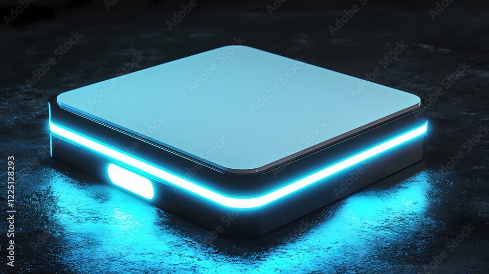 Poster glowing platform with blue light on dark surface futuristic block illuminated technology