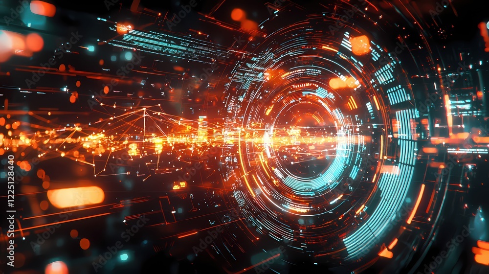 Poster abstract digital network background with glowing lines and circles in orange and blue tones