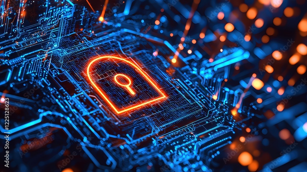Poster cyber security network digital lock glowing circuit board technology