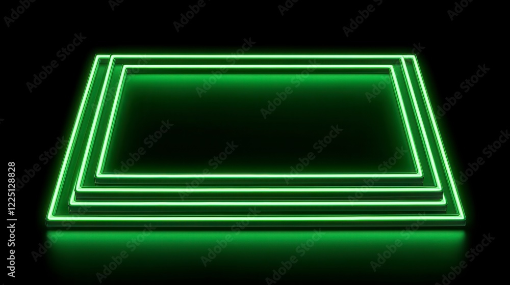 Poster abstract 3d rendering of glowing green neon rectangular frames on a black background. the frames are