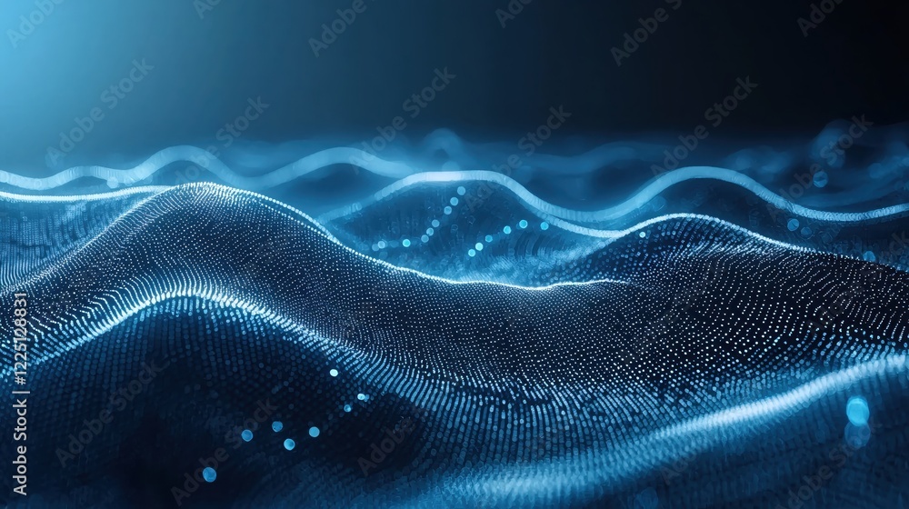 Poster abstract blue wave pattern with glowing dots on dark background for technology concept