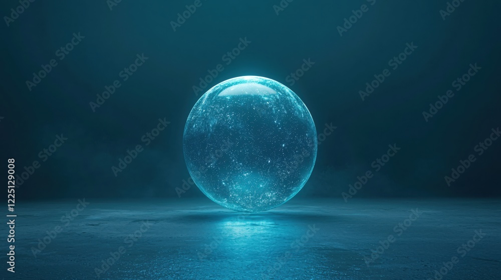 Poster luminous sphere floating above dark surface with glowing particles in a minimalist scene