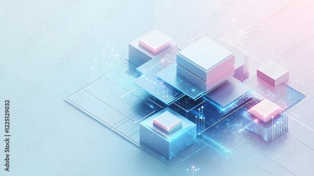 Poster abstract isometric structure with glowing lines and cubes on a light blue background