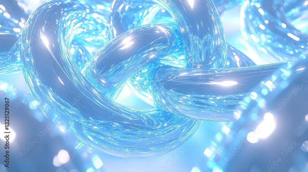 Poster abstract 3d rendering of interconnected, glowing light blue metallic rings. bright highlights and so