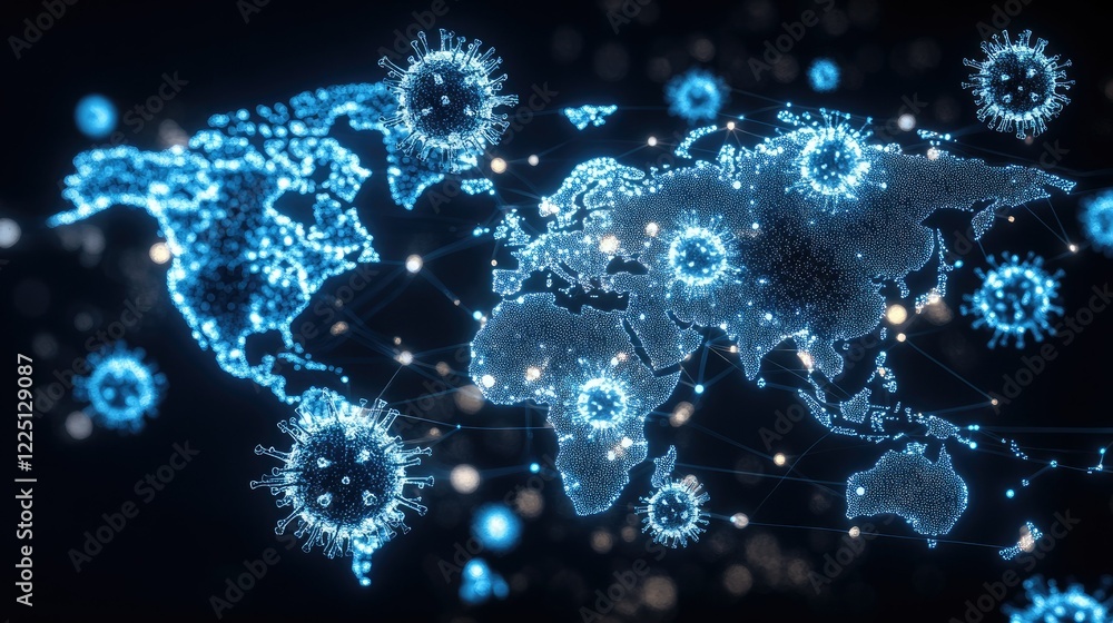 Poster abstract representation of a global virus outbreak with particles spreading across a glowing map