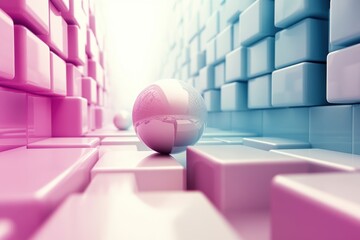 Futuristic 3d-rendered scene with a reflective sphere balancing on glossy pink and blue cubes in a...