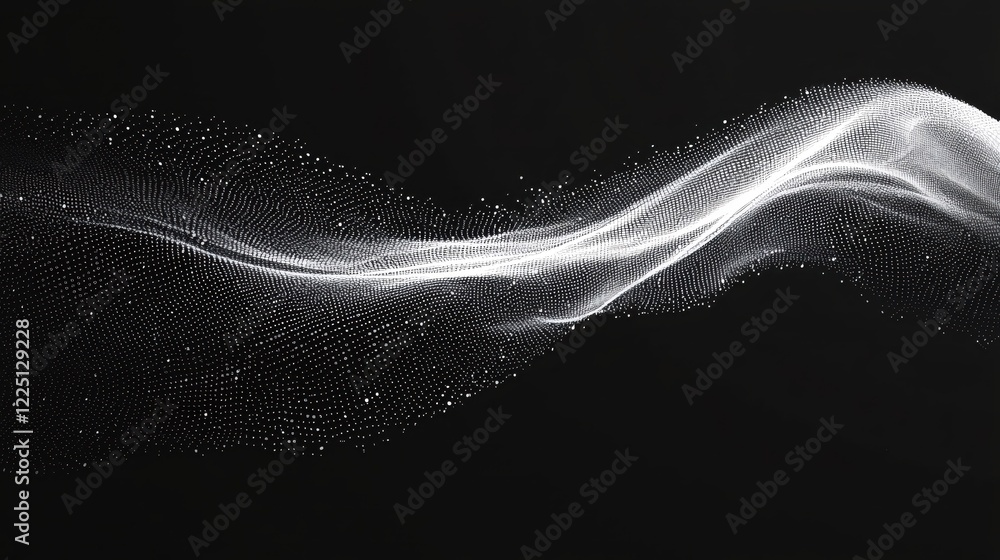 Poster flowing white wave of dots on black background abstract digital particle mesh design