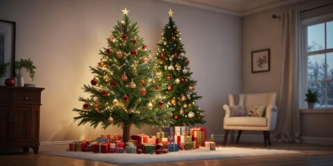 Full view of Christmas tree with hanging ornaments, garlands, christmas tree