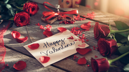 A romantic Valentine's Day scene featuring a handwritten letter with 'Happy Valentine'