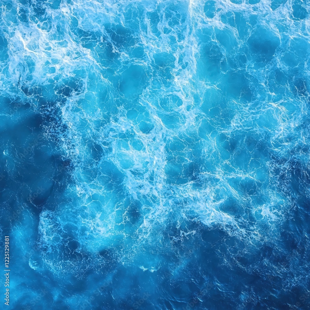 Poster aerial view of ocean water with white foam and blue tones creating a dynamic texture