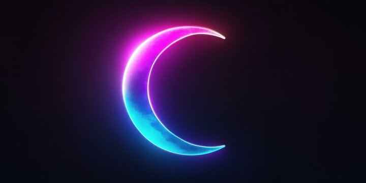 A vibrant neon crescent moon against a dark background, ideal for use in digital art, night-themed designs, and promotional materials for events or products related to relaxation and creativity.
