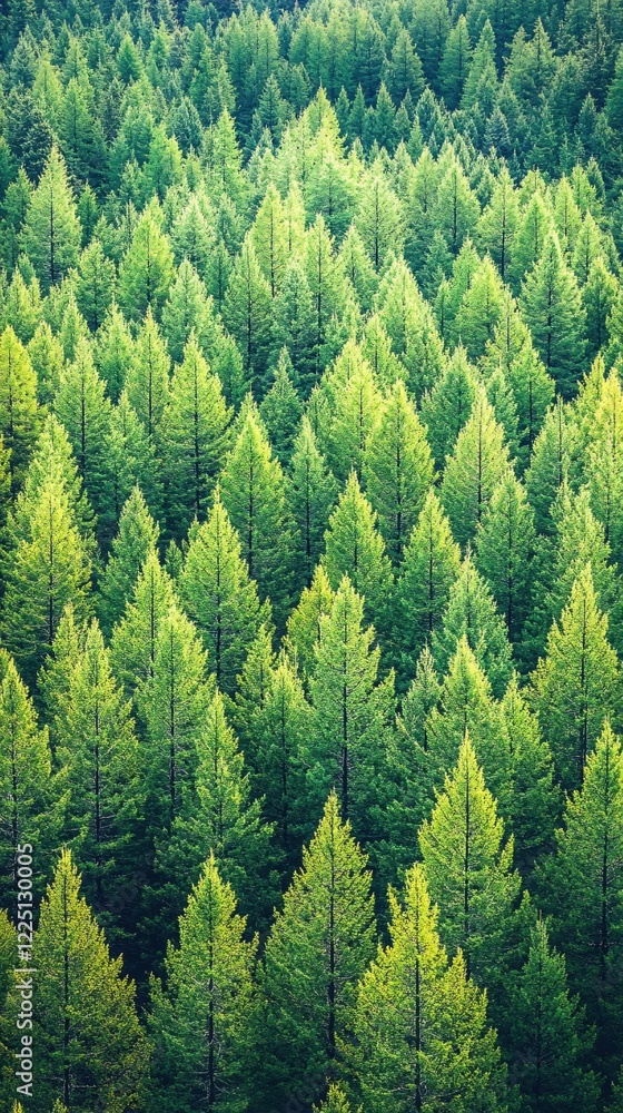 Poster dense forest of green trees with sunlight shining through the canopy creating a natural pattern