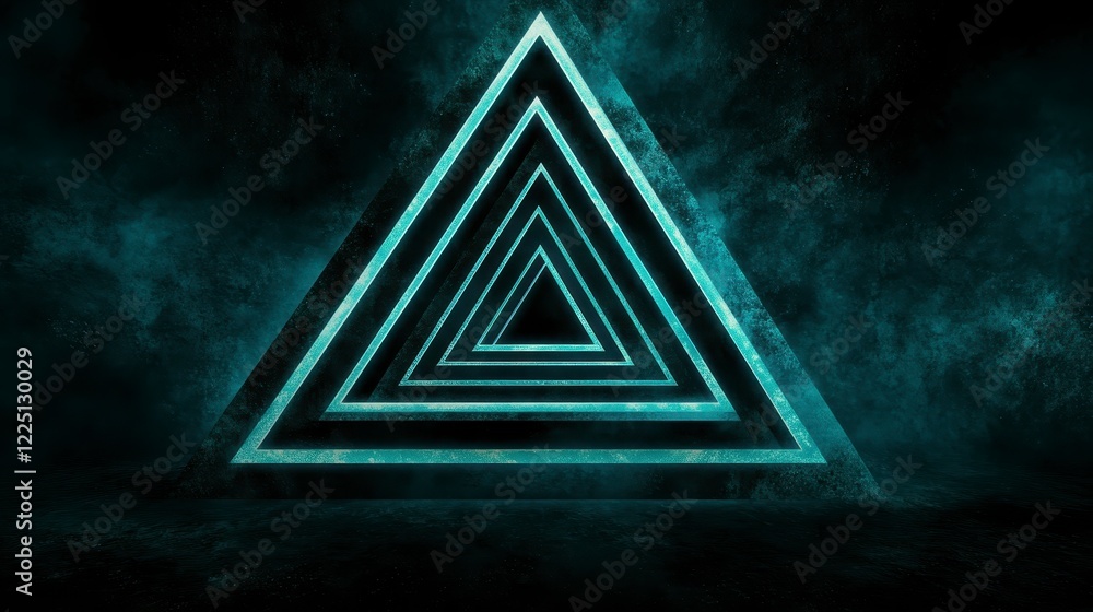 Poster abstract image of glowing teal triangles receding into a dark, starry background. the triangles crea