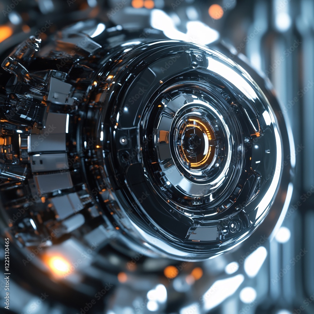 Aufkleber Complex metallic structure with glowing orange elements and a reflective surface in a dark space