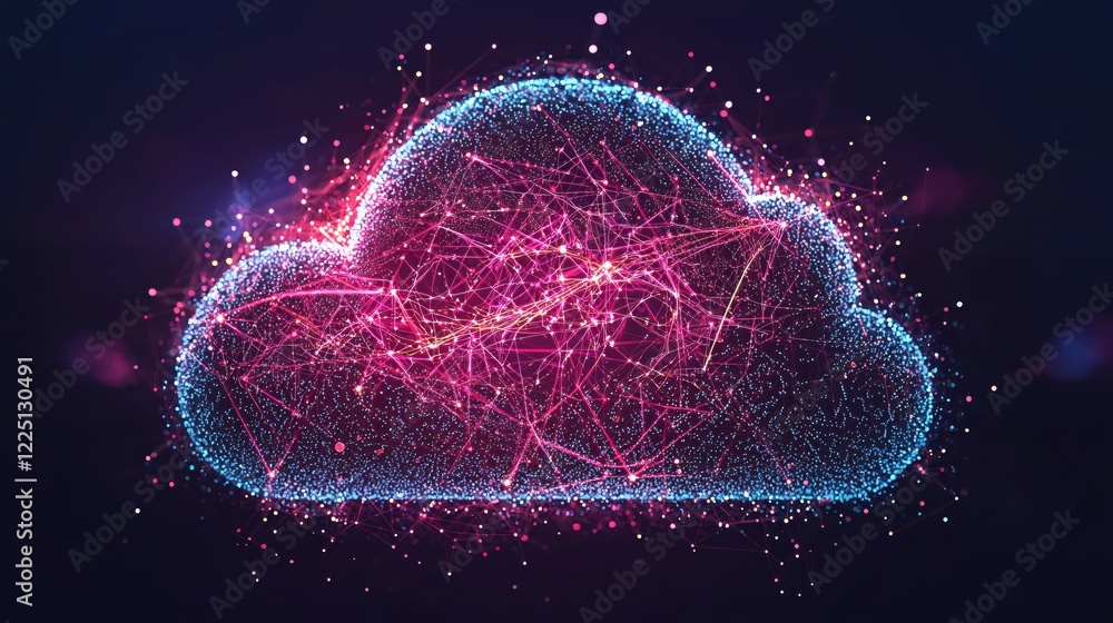 Aufkleber Abstract cloud shape with network connection lines and glowing particles on dark background
