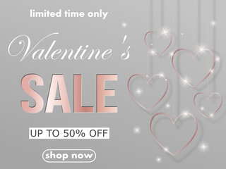 Valentine's Day sale, template discount banner design with pattern slims rose gold hearts, lights and text to promote purchases 14 februery. elegant vector illustration en pink, grey tones.