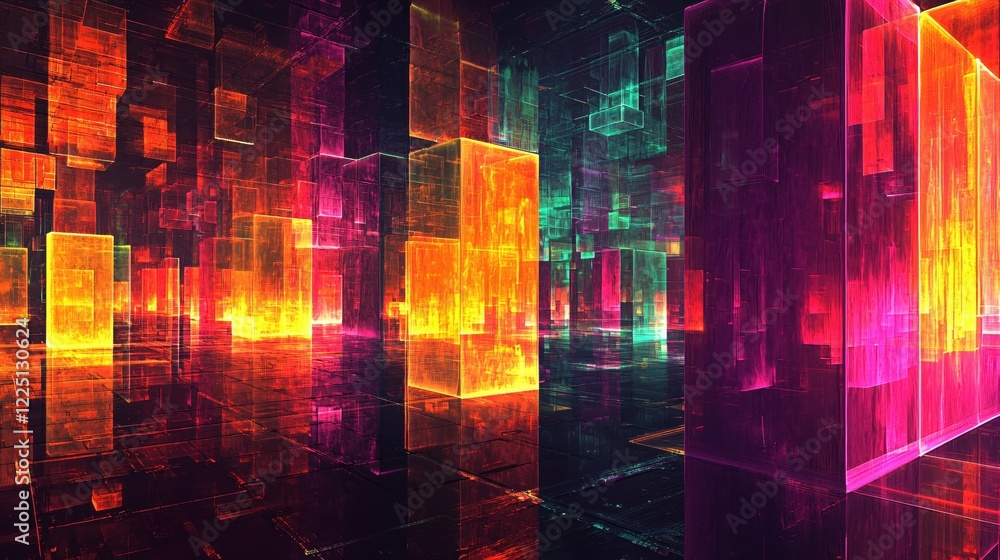 Poster Abstract city with glowing blocks in vibrant colors creating a futuristic and dynamic scene