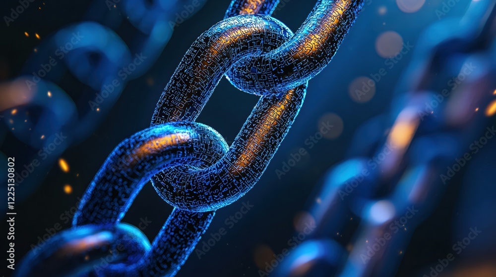 Poster digital chain link with circuit board pattern and glowing orange highlights on a dark blue backgroun