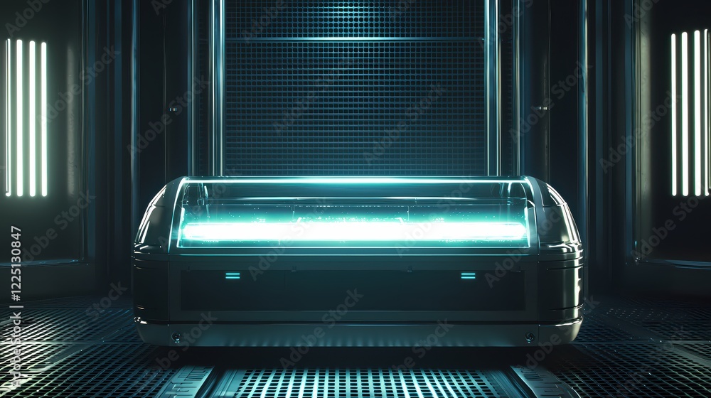 Aufkleber Futuristic container with glowing light in a dark metallic room with grid floor and walls