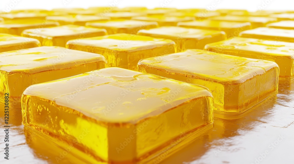 Poster close up view of numerous translucent golden square blocks arranged in a grid pattern on a reflectiv