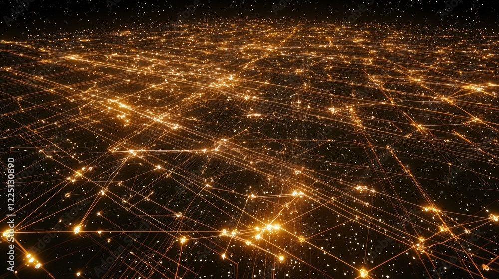 Poster Abstract luminous network of golden lines and nodes on a dark field with scattered dots