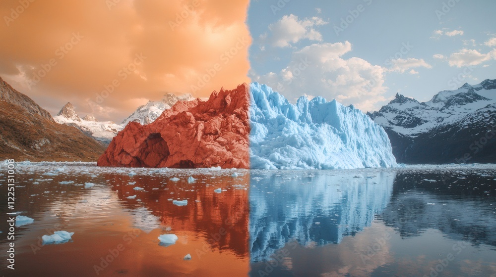 Poster split-screen image of a melting glacier juxtaposed with a climate skepticism debate stock photo with