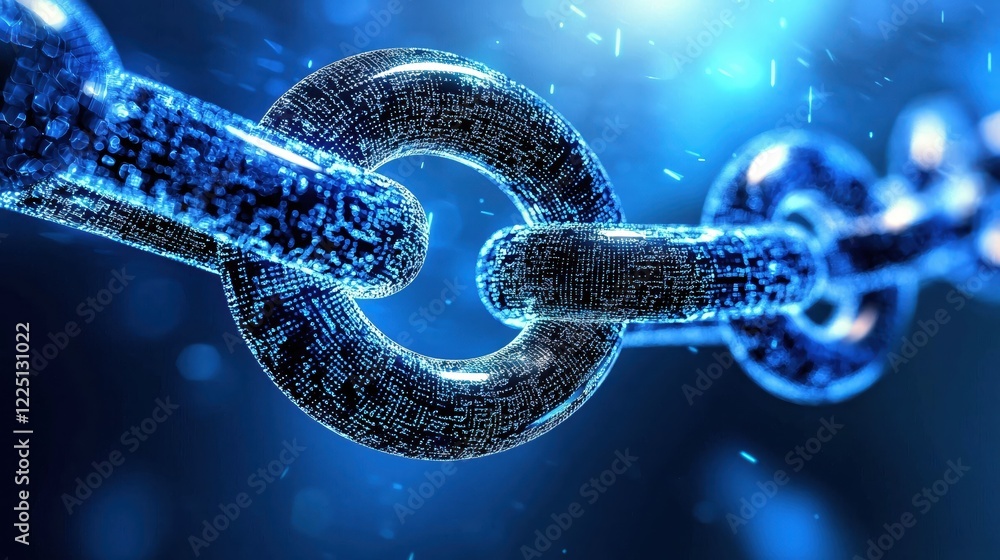 Poster Digital chain link structure with glowing particles on a blue background representing connection
